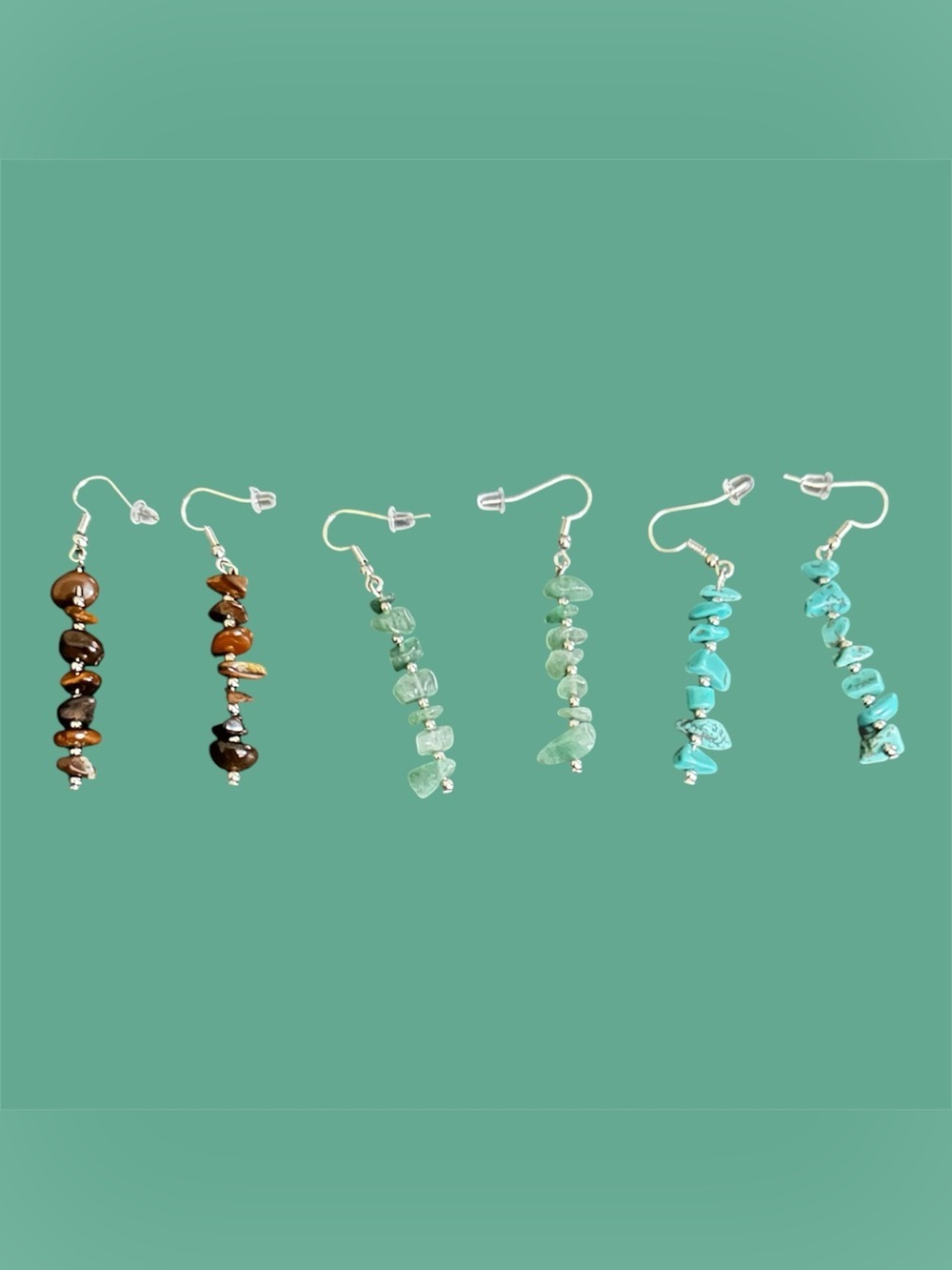 Silver Gemstone Dangle Earrings in Brown, Green & Turquoise